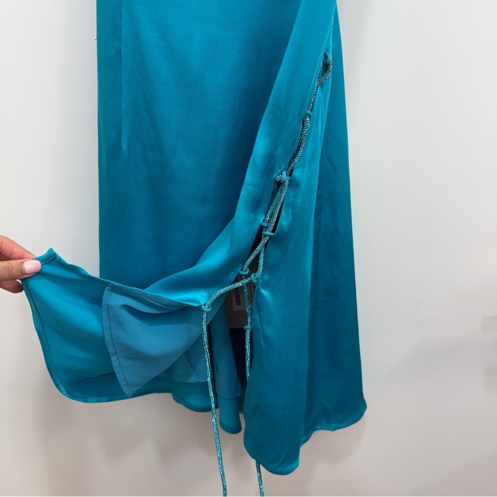Meshki NEW Briah Diamante satin Mini Dress in cyan blue turquoise size small - Picture 5 of 9